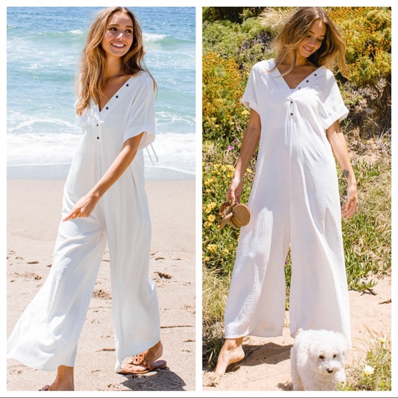 08 Absolutely Fabulous Short Sleeve Wide Leg Button Front Jumpsuit - Picture 2 of 5